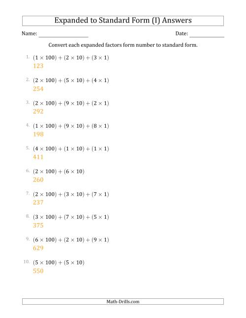 The Converting Expanded Factors Form Numbers to Standard Form (3-Digit Numbers) (I) Math Worksheet Page 2