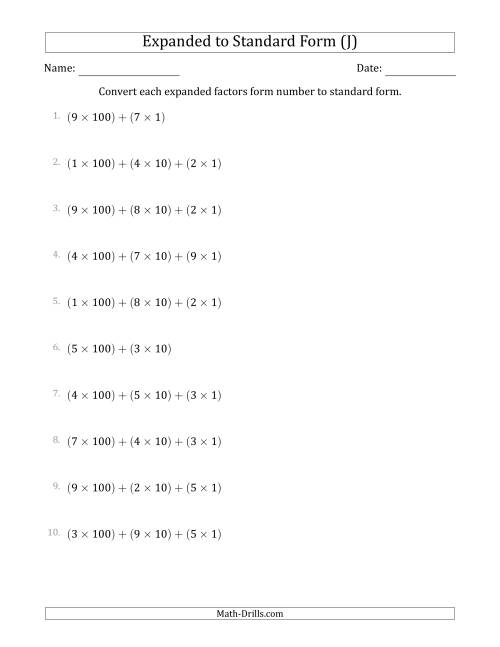 The Converting Expanded Factors Form Numbers to Standard Form (3-Digit Numbers) (J) Math Worksheet
