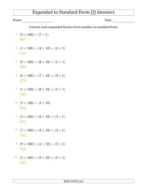The Converting Expanded Factors Form Numbers to Standard Form (3-Digit Numbers) (J) Math Worksheet Page 2