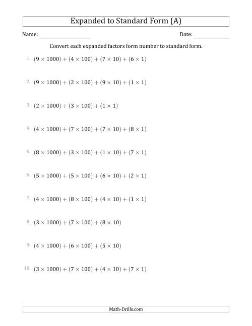 The Converting Expanded Factors Form Numbers to Standard Form (4-Digit Numbers) (A) Math Worksheet