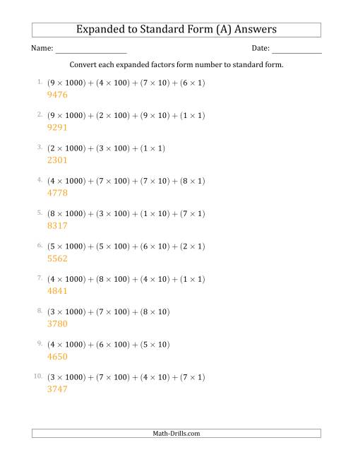 The Converting Expanded Factors Form Numbers to Standard Form (4-Digit Numbers) (A) Math Worksheet Page 2