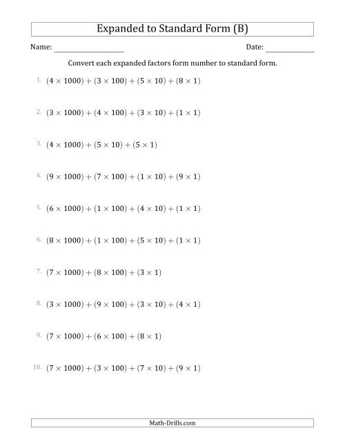 The Converting Expanded Factors Form Numbers to Standard Form (4-Digit Numbers) (B) Math Worksheet