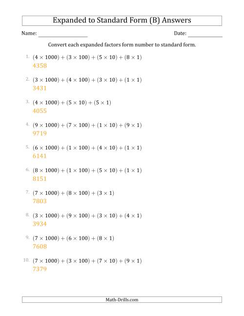 The Converting Expanded Factors Form Numbers to Standard Form (4-Digit Numbers) (B) Math Worksheet Page 2