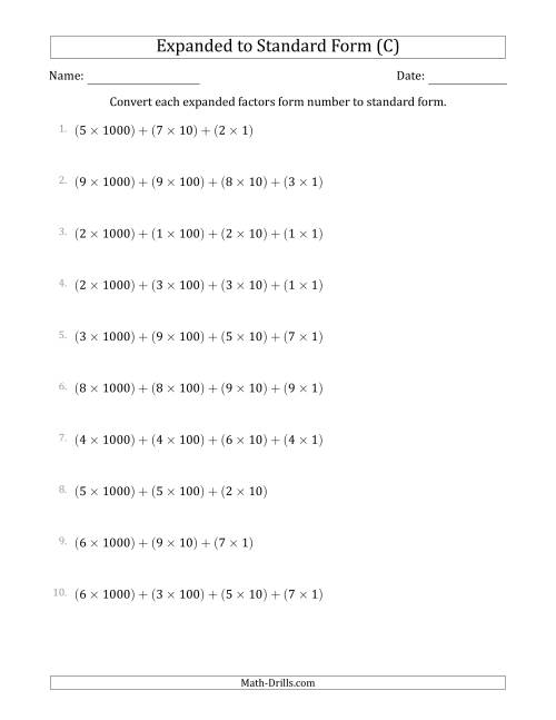The Converting Expanded Factors Form Numbers to Standard Form (4-Digit Numbers) (C) Math Worksheet