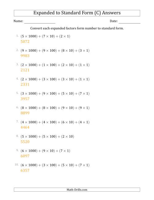 The Converting Expanded Factors Form Numbers to Standard Form (4-Digit Numbers) (C) Math Worksheet Page 2