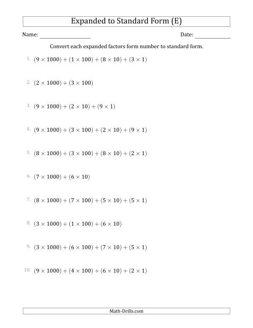 The Converting Expanded Factors Form Numbers to Standard Form (4-Digit Numbers) (E) Math Worksheet