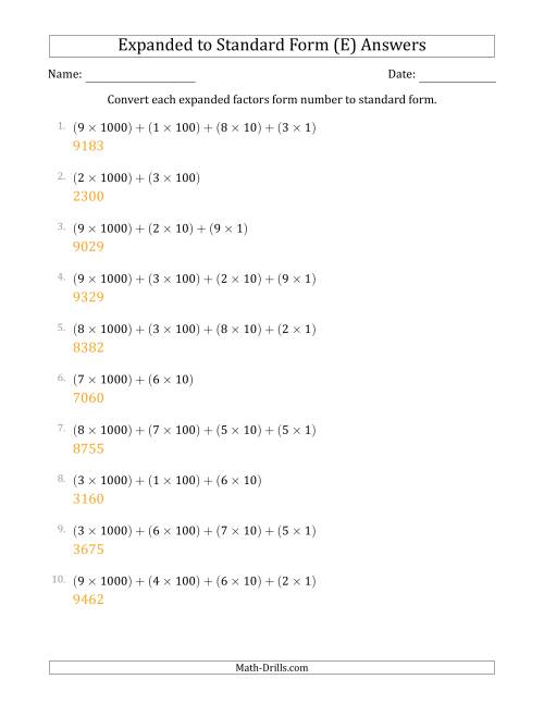 The Converting Expanded Factors Form Numbers to Standard Form (4-Digit Numbers) (E) Math Worksheet Page 2