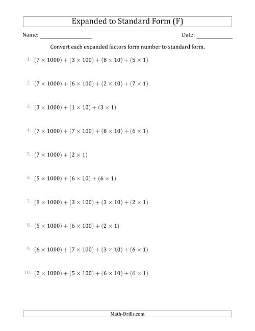 The Converting Expanded Factors Form Numbers to Standard Form (4-Digit Numbers) (F) Math Worksheet