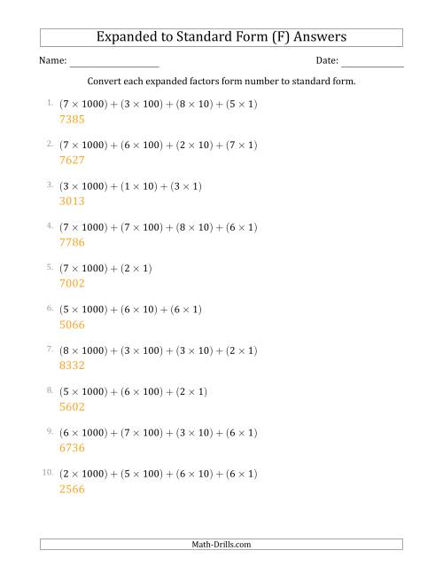 The Converting Expanded Factors Form Numbers to Standard Form (4-Digit Numbers) (F) Math Worksheet Page 2