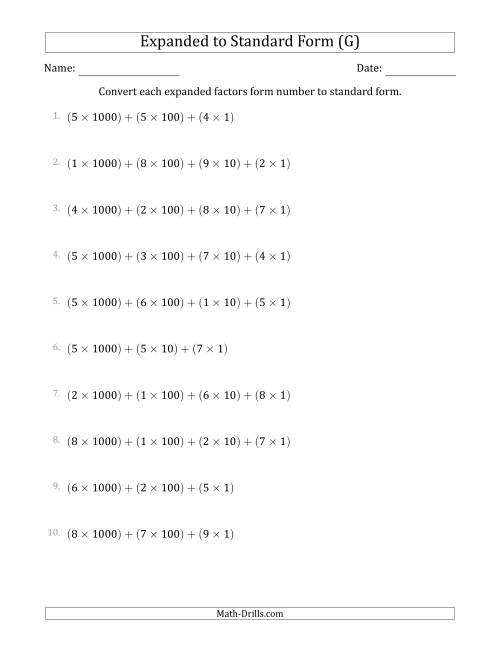 The Converting Expanded Factors Form Numbers to Standard Form (4-Digit Numbers) (G) Math Worksheet