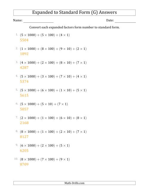 The Converting Expanded Factors Form Numbers to Standard Form (4-Digit Numbers) (G) Math Worksheet Page 2