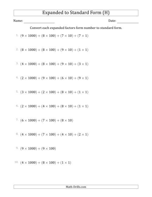 The Converting Expanded Factors Form Numbers to Standard Form (4-Digit Numbers) (H) Math Worksheet