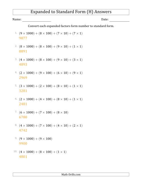 The Converting Expanded Factors Form Numbers to Standard Form (4-Digit Numbers) (H) Math Worksheet Page 2