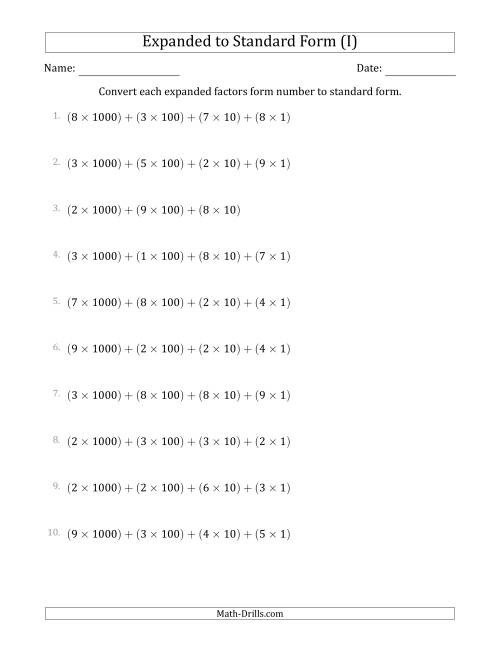 The Converting Expanded Factors Form Numbers to Standard Form (4-Digit Numbers) (I) Math Worksheet