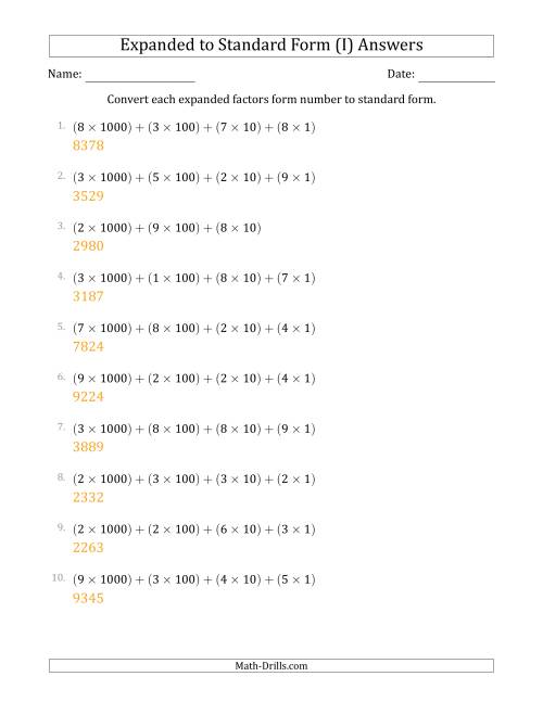 The Converting Expanded Factors Form Numbers to Standard Form (4-Digit Numbers) (I) Math Worksheet Page 2