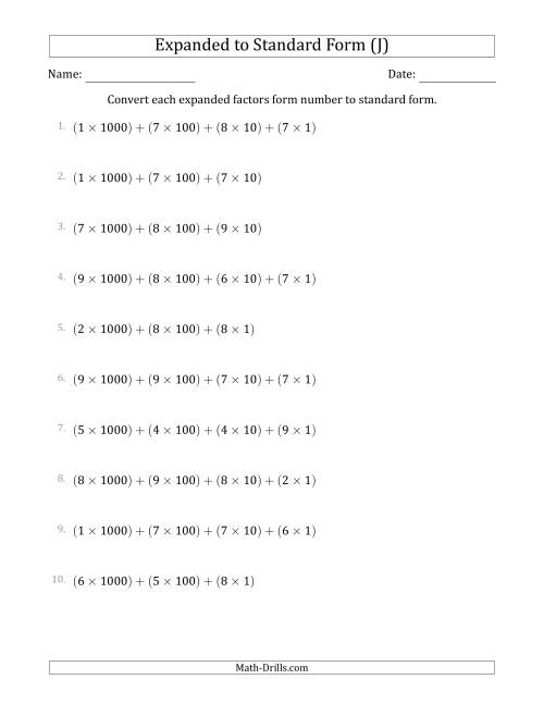 The Converting Expanded Factors Form Numbers to Standard Form (4-Digit Numbers) (J) Math Worksheet