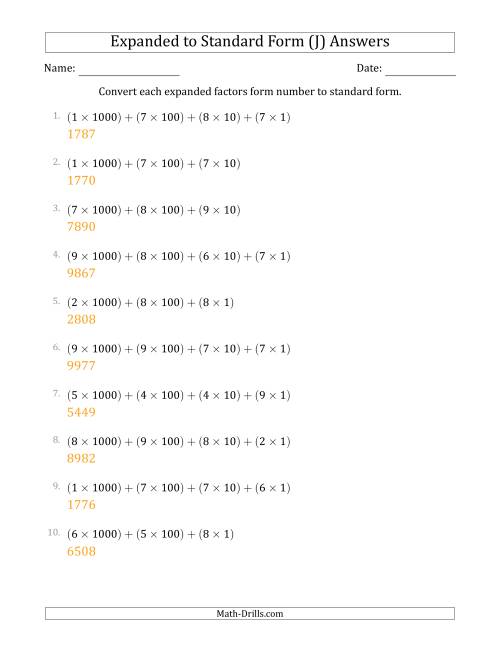 The Converting Expanded Factors Form Numbers to Standard Form (4-Digit Numbers) (J) Math Worksheet Page 2