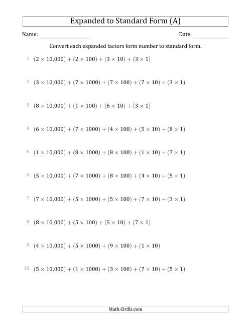The Converting Expanded Factors Form Numbers to Standard Form (5-Digit Numbers) (US/UK) (A) Math Worksheet