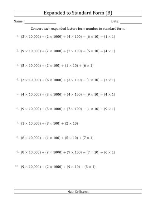 The Converting Expanded Factors Form Numbers to Standard Form (5-Digit Numbers) (US/UK) (B) Math Worksheet