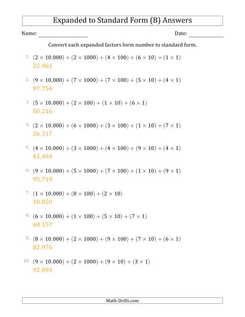 The Converting Expanded Factors Form Numbers to Standard Form (5-Digit Numbers) (US/UK) (B) Math Worksheet Page 2