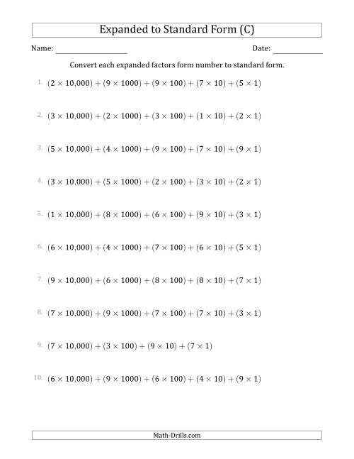 The Converting Expanded Factors Form Numbers to Standard Form (5-Digit Numbers) (US/UK) (C) Math Worksheet