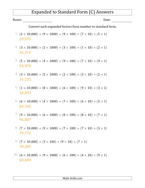 The Converting Expanded Factors Form Numbers to Standard Form (5-Digit Numbers) (US/UK) (C) Math Worksheet Page 2