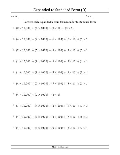 The Converting Expanded Factors Form Numbers to Standard Form (5-Digit Numbers) (US/UK) (D) Math Worksheet