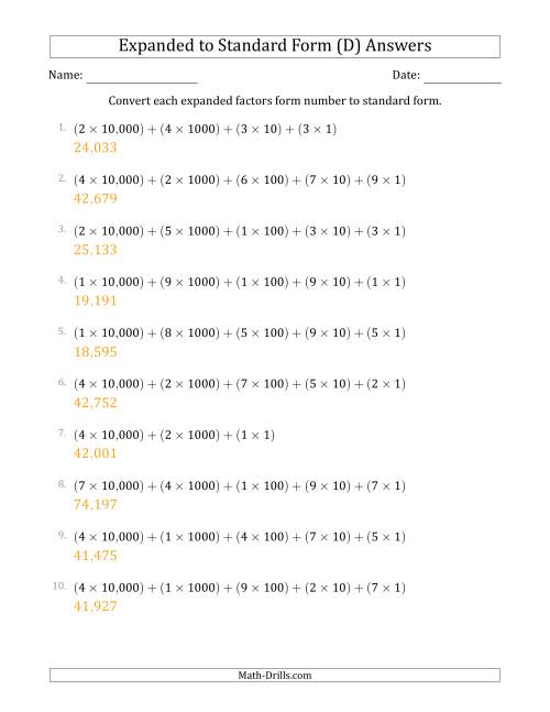 The Converting Expanded Factors Form Numbers to Standard Form (5-Digit Numbers) (US/UK) (D) Math Worksheet Page 2