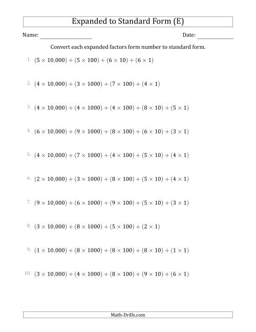 The Converting Expanded Factors Form Numbers to Standard Form (5-Digit Numbers) (US/UK) (E) Math Worksheet