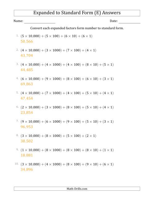 The Converting Expanded Factors Form Numbers to Standard Form (5-Digit Numbers) (US/UK) (E) Math Worksheet Page 2