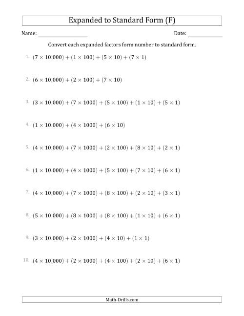 The Converting Expanded Factors Form Numbers to Standard Form (5-Digit Numbers) (US/UK) (F) Math Worksheet