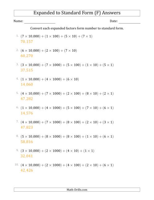 The Converting Expanded Factors Form Numbers to Standard Form (5-Digit Numbers) (US/UK) (F) Math Worksheet Page 2