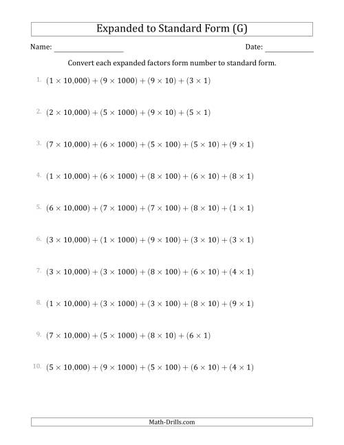 The Converting Expanded Factors Form Numbers to Standard Form (5-Digit Numbers) (US/UK) (G) Math Worksheet