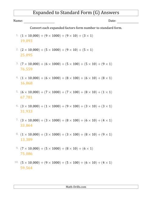 The Converting Expanded Factors Form Numbers to Standard Form (5-Digit Numbers) (US/UK) (G) Math Worksheet Page 2