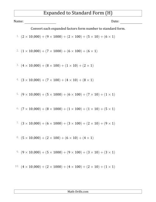 The Converting Expanded Factors Form Numbers to Standard Form (5-Digit Numbers) (US/UK) (H) Math Worksheet