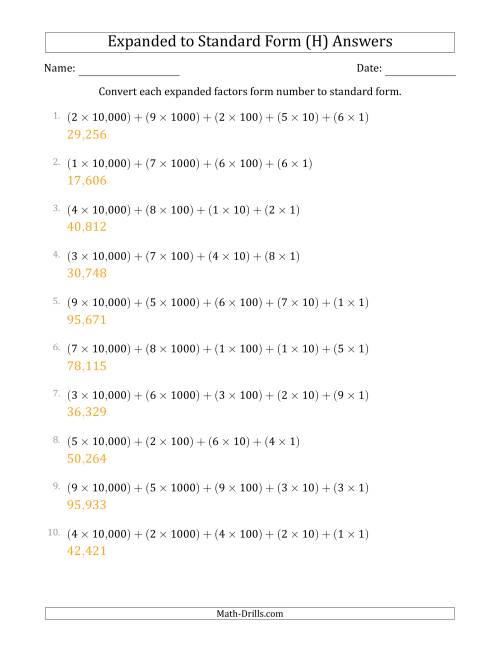 The Converting Expanded Factors Form Numbers to Standard Form (5-Digit Numbers) (US/UK) (H) Math Worksheet Page 2