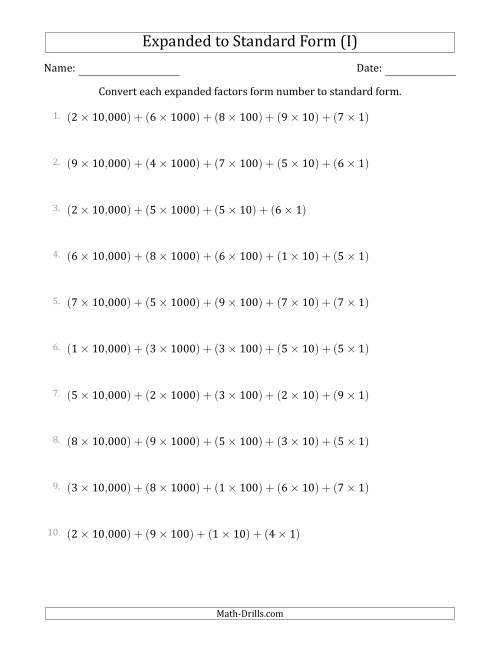 The Converting Expanded Factors Form Numbers to Standard Form (5-Digit Numbers) (US/UK) (I) Math Worksheet