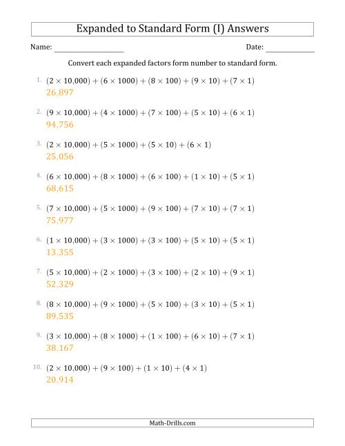 The Converting Expanded Factors Form Numbers to Standard Form (5-Digit Numbers) (US/UK) (I) Math Worksheet Page 2