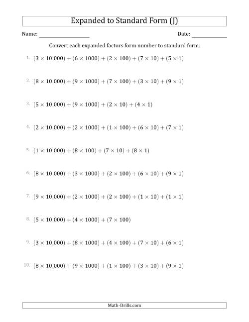 The Converting Expanded Factors Form Numbers to Standard Form (5-Digit Numbers) (US/UK) (J) Math Worksheet