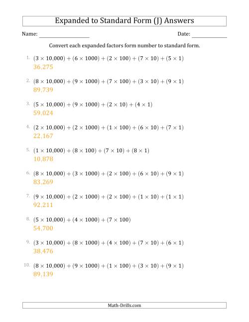 The Converting Expanded Factors Form Numbers to Standard Form (5-Digit Numbers) (US/UK) (J) Math Worksheet Page 2