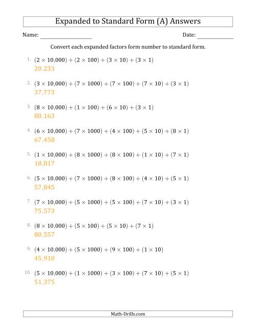 The Converting Expanded Factors Form Numbers to Standard Form (5-Digit Numbers) (US/UK) (All) Math Worksheet Page 2