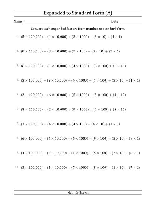 The Converting Expanded Factors Form Numbers to Standard Form (6-Digit Numbers) (US/UK) (A) Math Worksheet