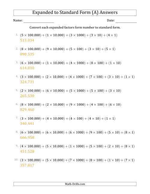 The Converting Expanded Factors Form Numbers to Standard Form (6-Digit Numbers) (US/UK) (A) Math Worksheet Page 2