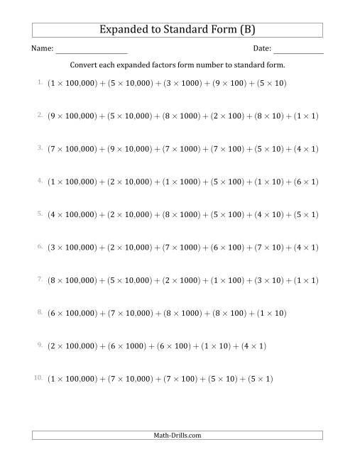 The Converting Expanded Factors Form Numbers to Standard Form (6-Digit Numbers) (US/UK) (B) Math Worksheet