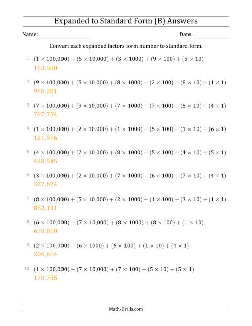 The Converting Expanded Factors Form Numbers to Standard Form (6-Digit Numbers) (US/UK) (B) Math Worksheet Page 2