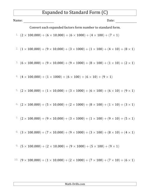 The Converting Expanded Factors Form Numbers to Standard Form (6-Digit Numbers) (US/UK) (C) Math Worksheet