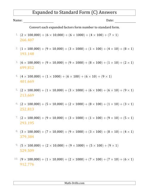 The Converting Expanded Factors Form Numbers to Standard Form (6-Digit Numbers) (US/UK) (C) Math Worksheet Page 2