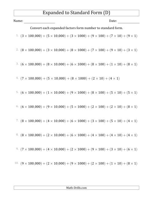 The Converting Expanded Factors Form Numbers to Standard Form (6-Digit Numbers) (US/UK) (D) Math Worksheet