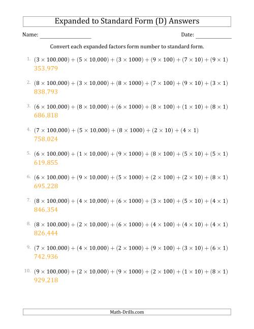 The Converting Expanded Factors Form Numbers to Standard Form (6-Digit Numbers) (US/UK) (D) Math Worksheet Page 2
