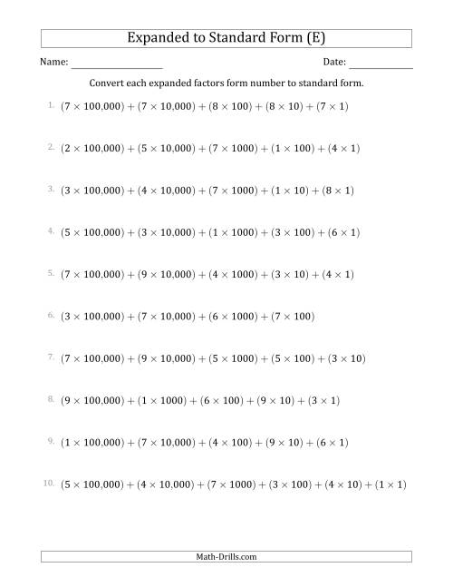 The Converting Expanded Factors Form Numbers to Standard Form (6-Digit Numbers) (US/UK) (E) Math Worksheet